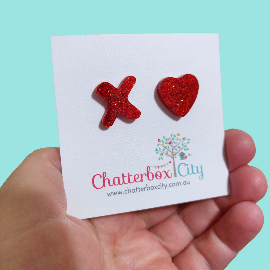X Heart Studs Red