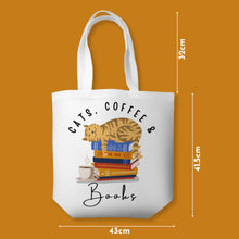 Load image into Gallery viewer, Cats Coffee &amp; Books Tote Bag
