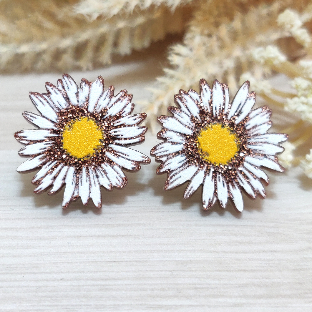 Daisies With Brown Glitter Shimmer - Acrylic Studs