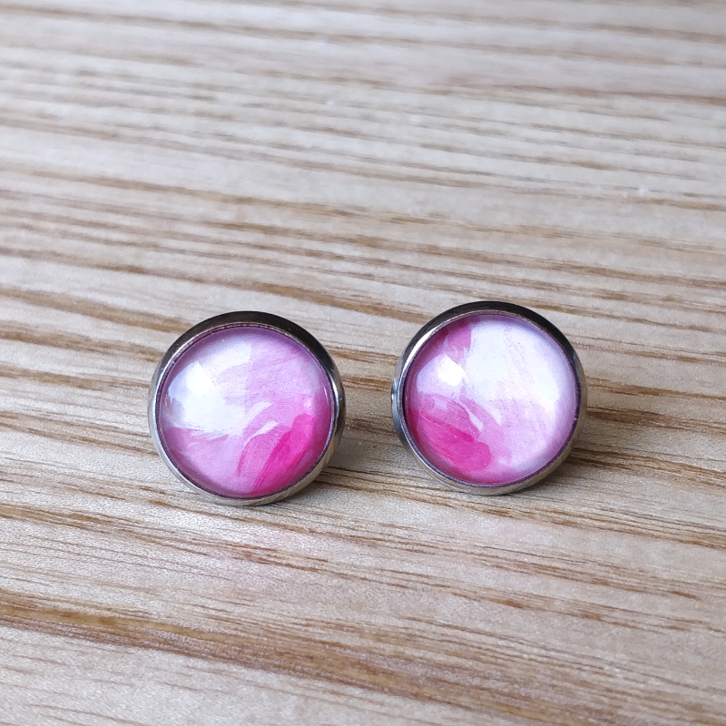 Pink Water Colour Stud Back Glass Picture Earrings