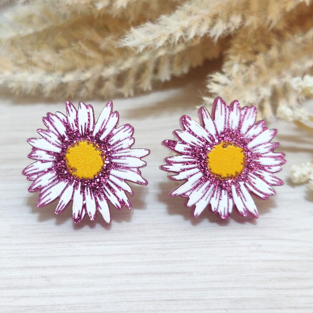 Daisies With Purple Glitter Shimmer - Acrylic Studs
