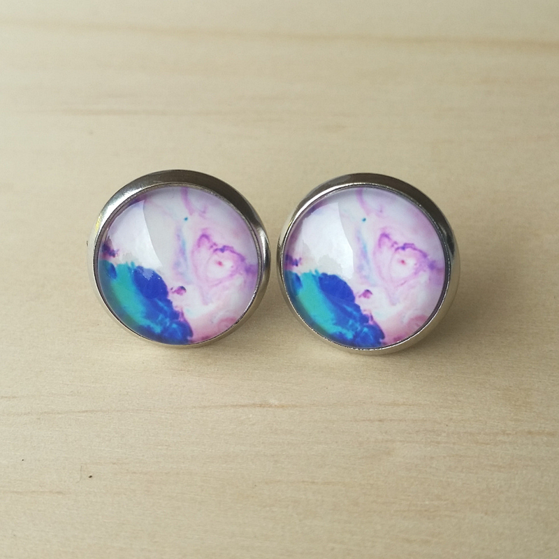 Water Colour Stud Back Glass Picture Earrings