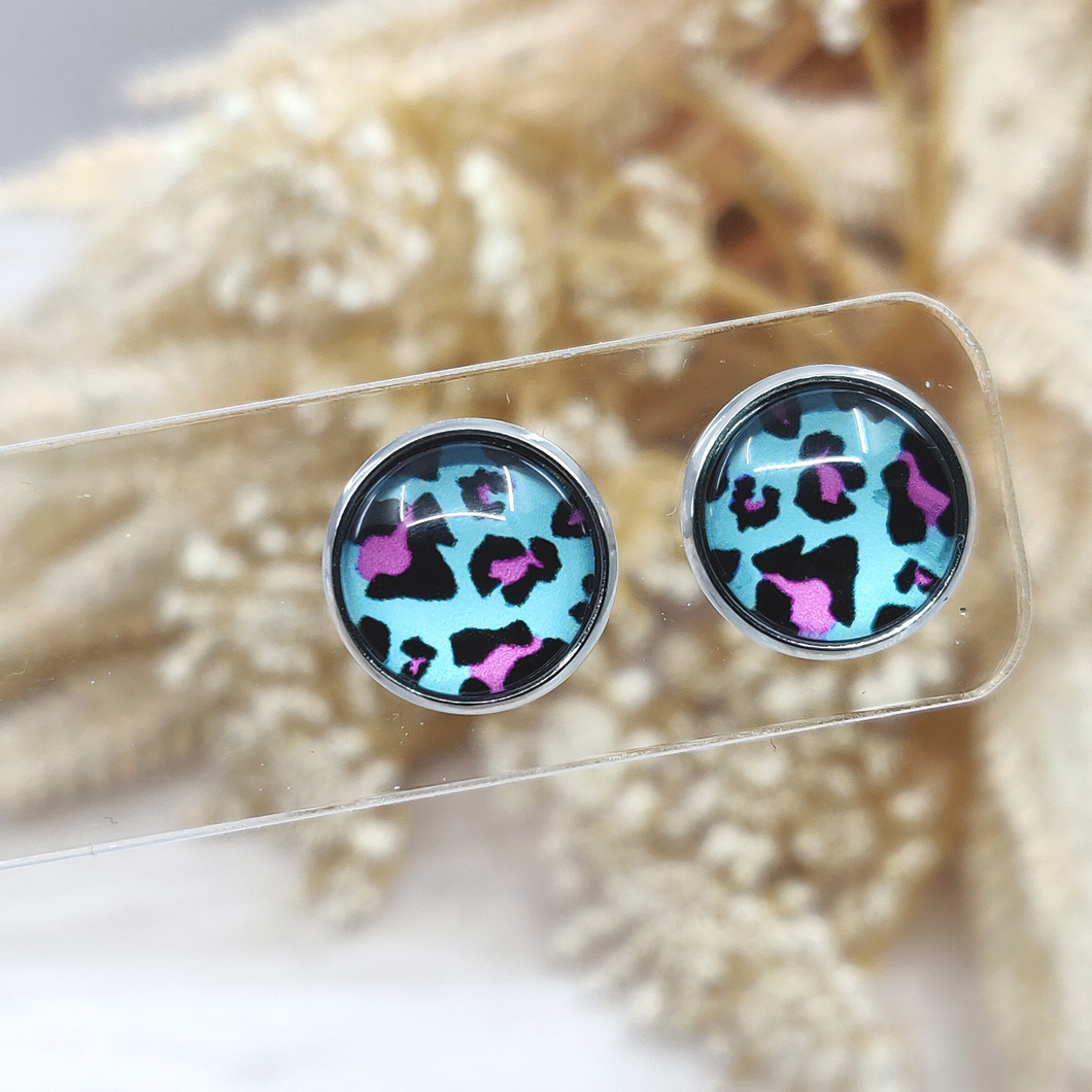Mint Leopard Stud Back Glass Picture Earrings