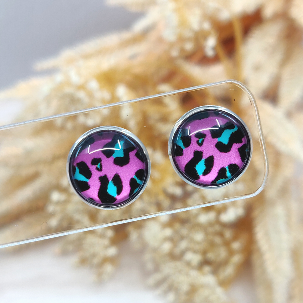 Pink Leopard Stud Back Glass Picture Earrings
