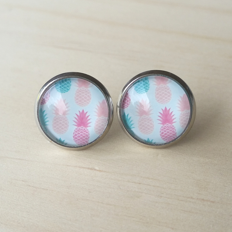 Pastel Pineapples Stud Back Glass Picture Earrings