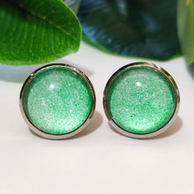 Load image into Gallery viewer, Speckled Mint Stud Back Glass Picture Earrings
