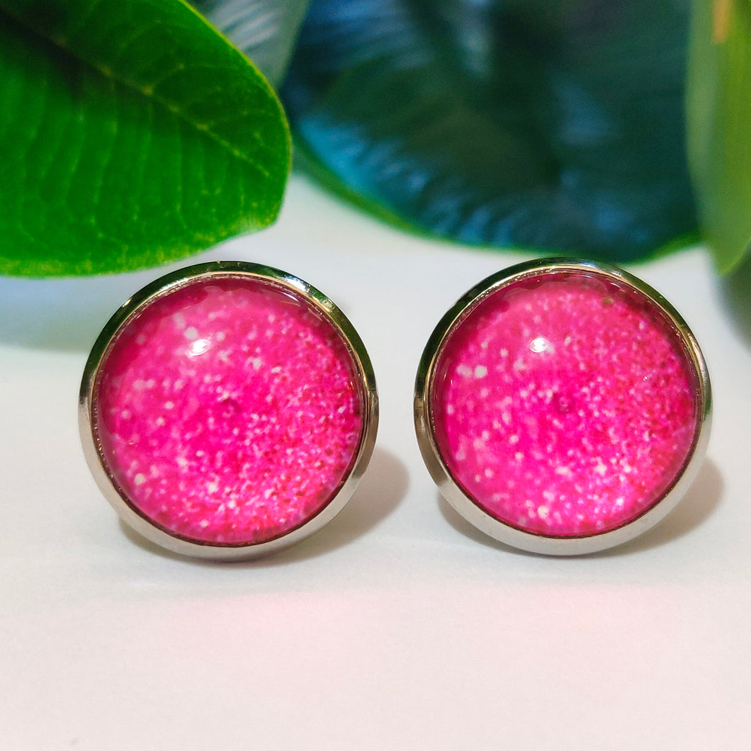 Speckled Hot Pink Stud Back Glass Picture Earrings