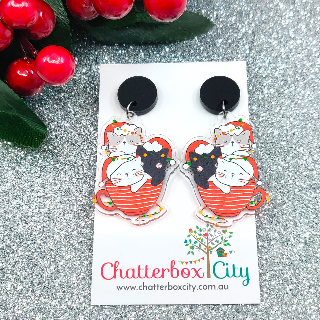 Cup of Christmas Cats - Statement Earrings