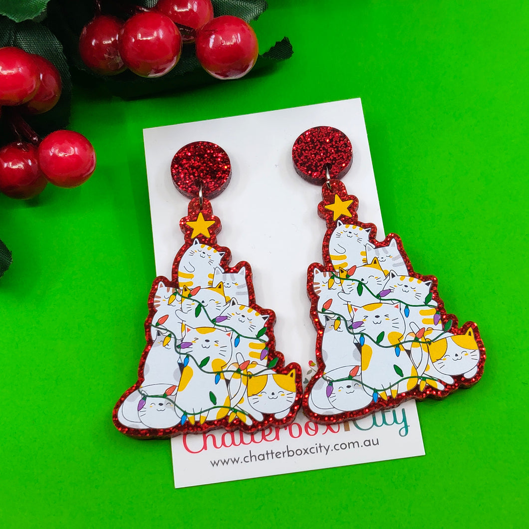 Stacks of Cats Christmas Tree - Red - Statement Earrings